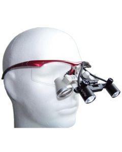 D-Light Duo - shadowless dual LED medical headlight - on grey loupes - with red frame